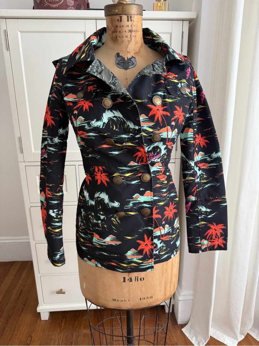 Hurley Tropical-Print Double-Breasted Women’s Rain Coat Jacket Sz XS